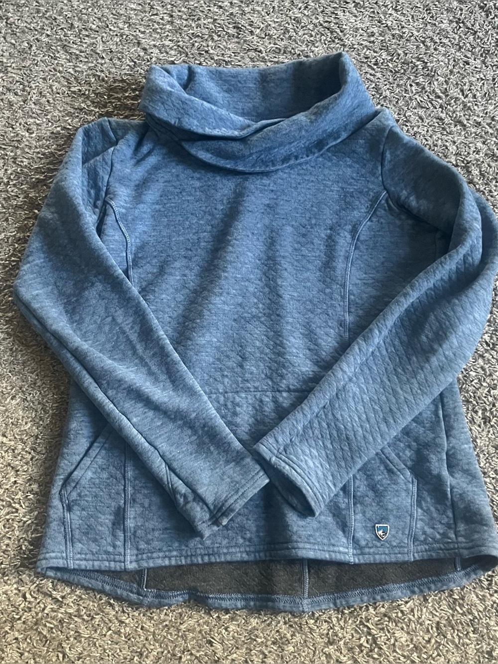 Kuhl Athena Pullover Cowl Neck Quilted Wool Size Small Blue Sweater Hiking